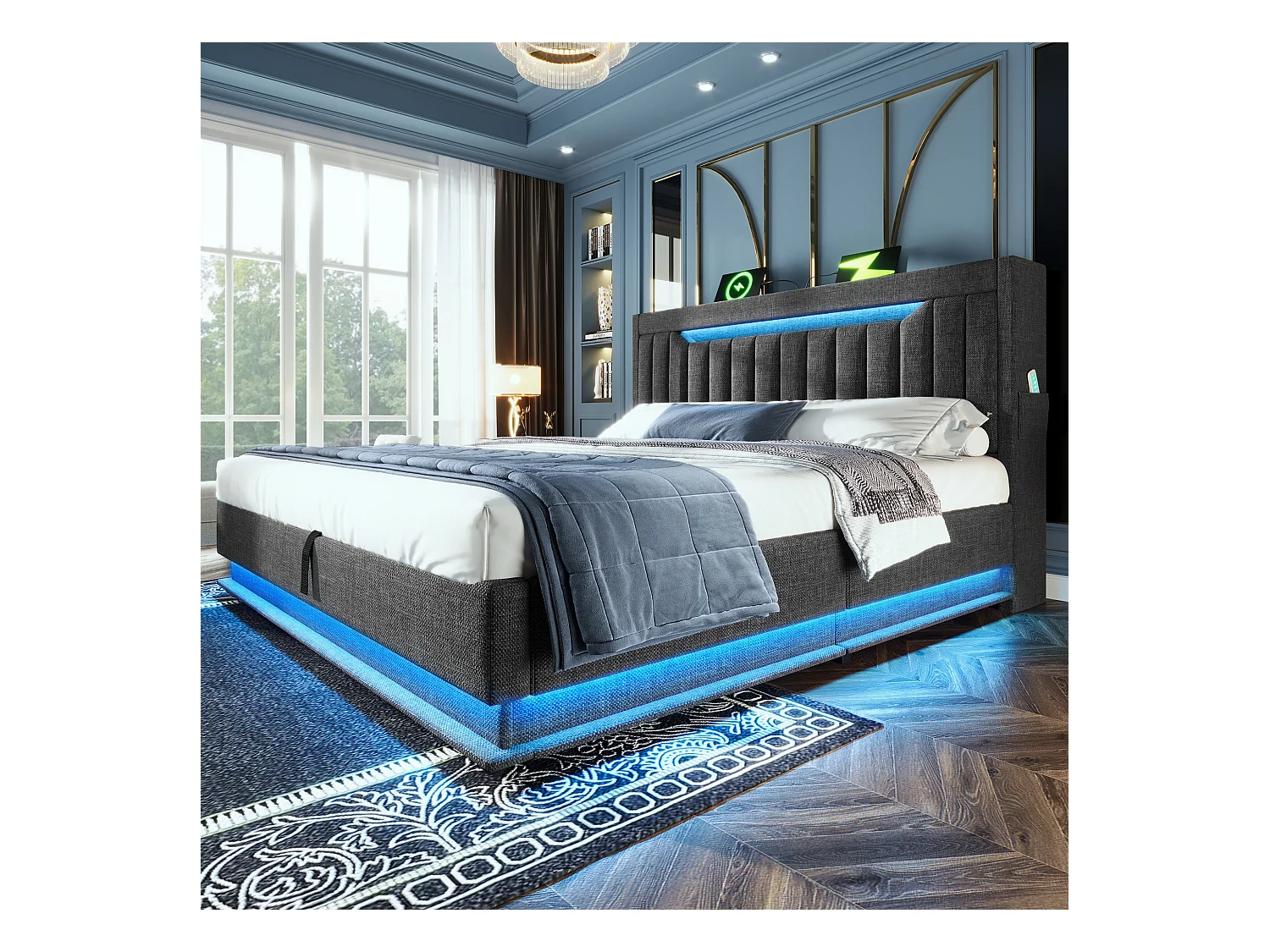 Lit coffre capitonné 160x200cm - avec LED - avec ports USB et Type-C - tissu en Lin - tête de lit avec espace de rangement - Gris