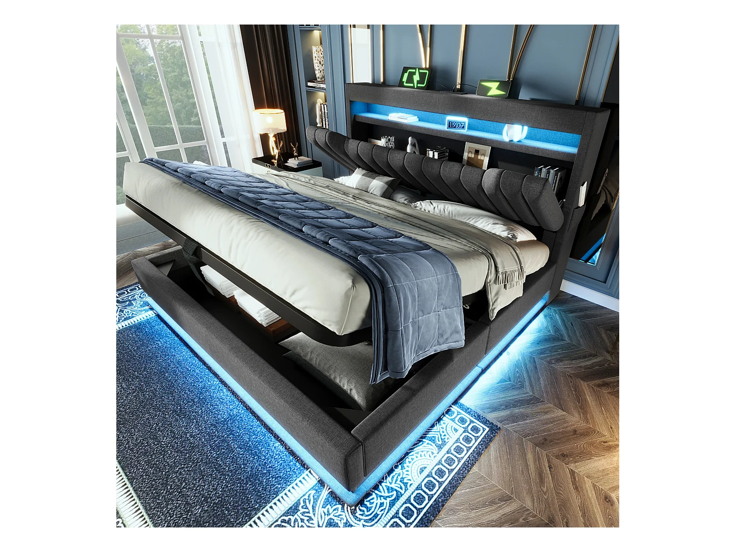 Lit coffre capitonné 160x200cm - avec LED - avec ports USB et Type-C - tissu en Lin - tête de lit avec espace de rangement - Gris