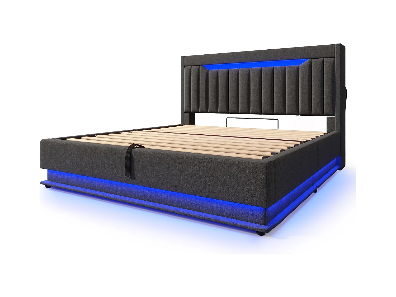 Lit coffre capitonné 160x200cm - avec LED - avec ports USB et Type-C - tissu en Lin - tête de lit avec espace de rangement - Gris