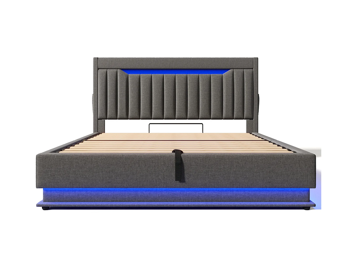 Lit coffre capitonné 160x200cm - avec LED - avec ports USB et Type-C - tissu en Lin - tête de lit avec espace de rangement - Gris