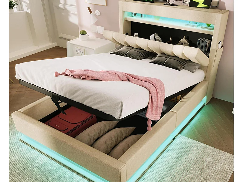 Lit coffre capitonné 90x200cm - avec LED - avec ports USB et Type-C - tissu en Lin - tête de lit avec espace de rangement - Beige