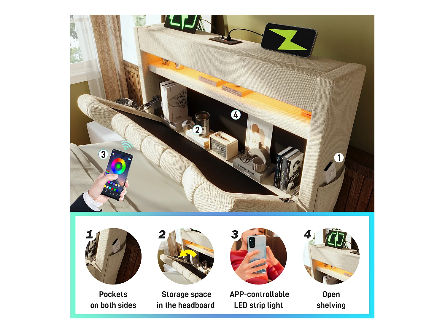 Lit coffre capitonné 90x200cm - avec LED - avec ports USB et Type-C - tissu en Lin - tête de lit avec espace de rangement - Beige