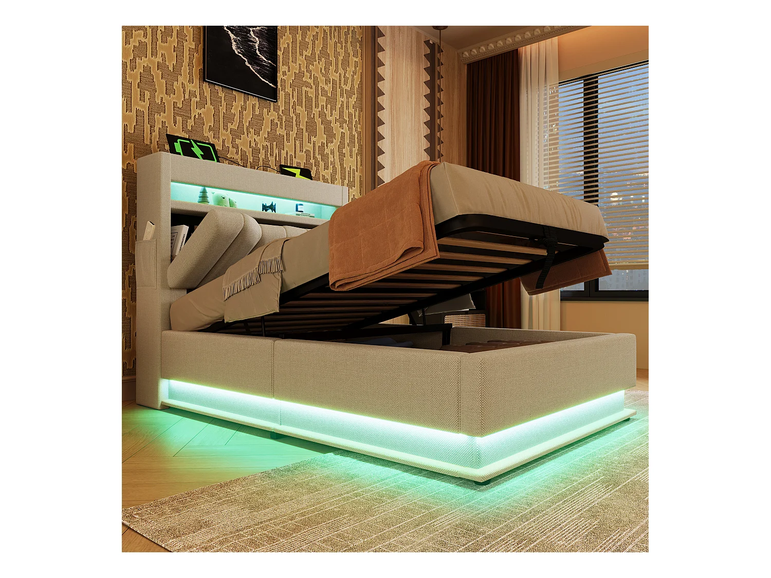 Lit coffre capitonné 90x200cm - avec LED - avec ports USB et Type-C - tissu en Lin - tête de lit avec espace de rangement - Beige