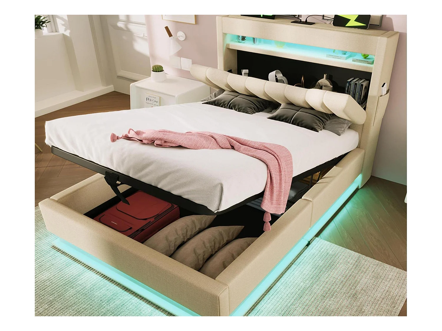 Lit coffre capitonné 90x200cm - avec LED - avec ports USB et Type-C - tissu en Lin - tête de lit avec espace de rangement - Beige