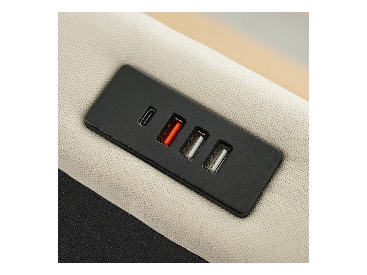 Gepolstertes Stauraumbett 90x200 cm - mit LED - mit USB- und Type-C-Anschlüssen - Leinenstoff - Kopfteil mit Stauraum - Beige