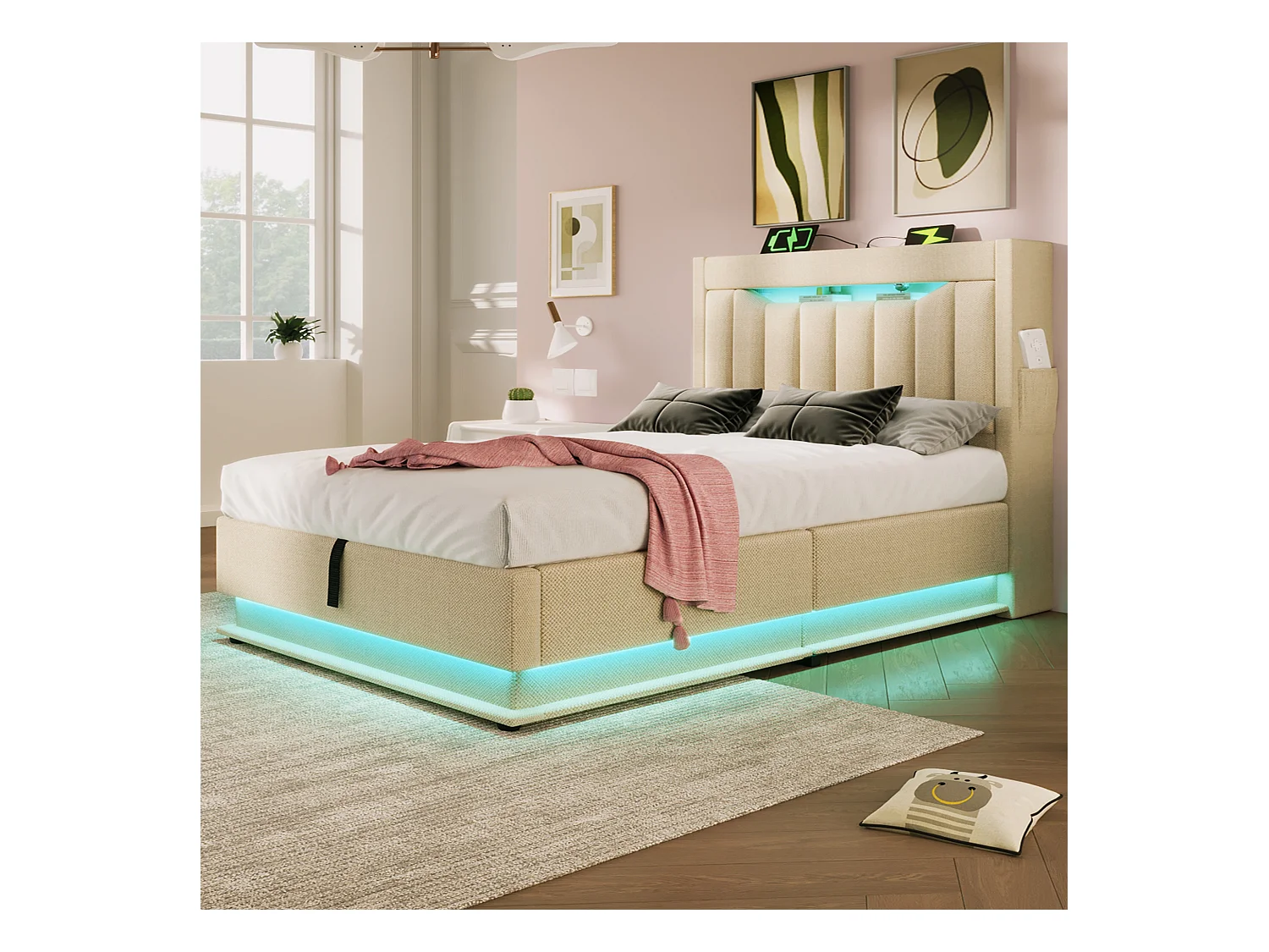 Gepolstertes Stauraumbett 90x200 cm - mit LED - mit USB- und Type-C-Anschlüssen - Leinenstoff - Kopfteil mit Stauraum - Beige