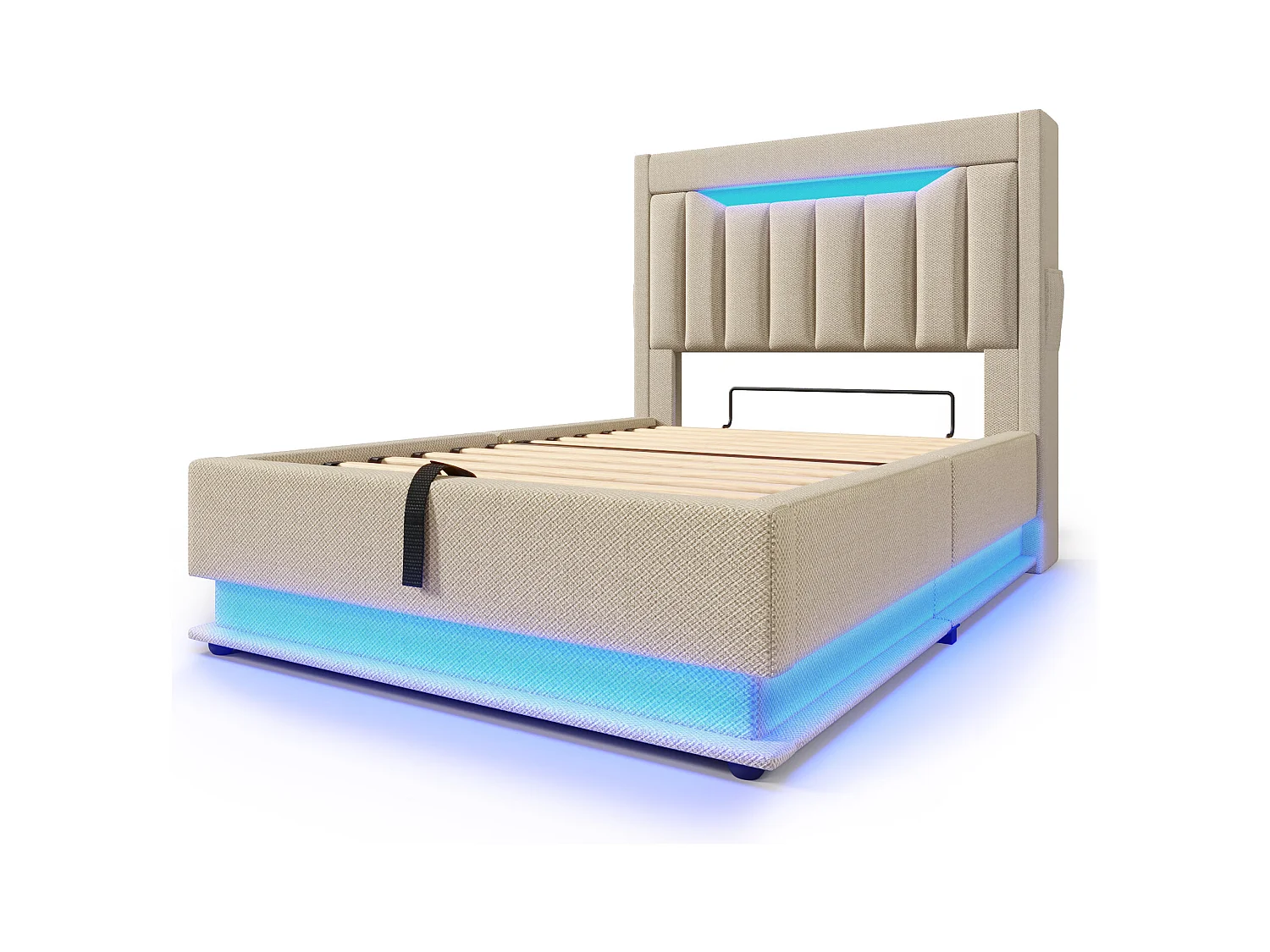 Gepolstertes Stauraumbett 90x200 cm - mit LED - mit USB- und Type-C-Anschlüssen - Leinenstoff - Kopfteil mit Stauraum - Beige