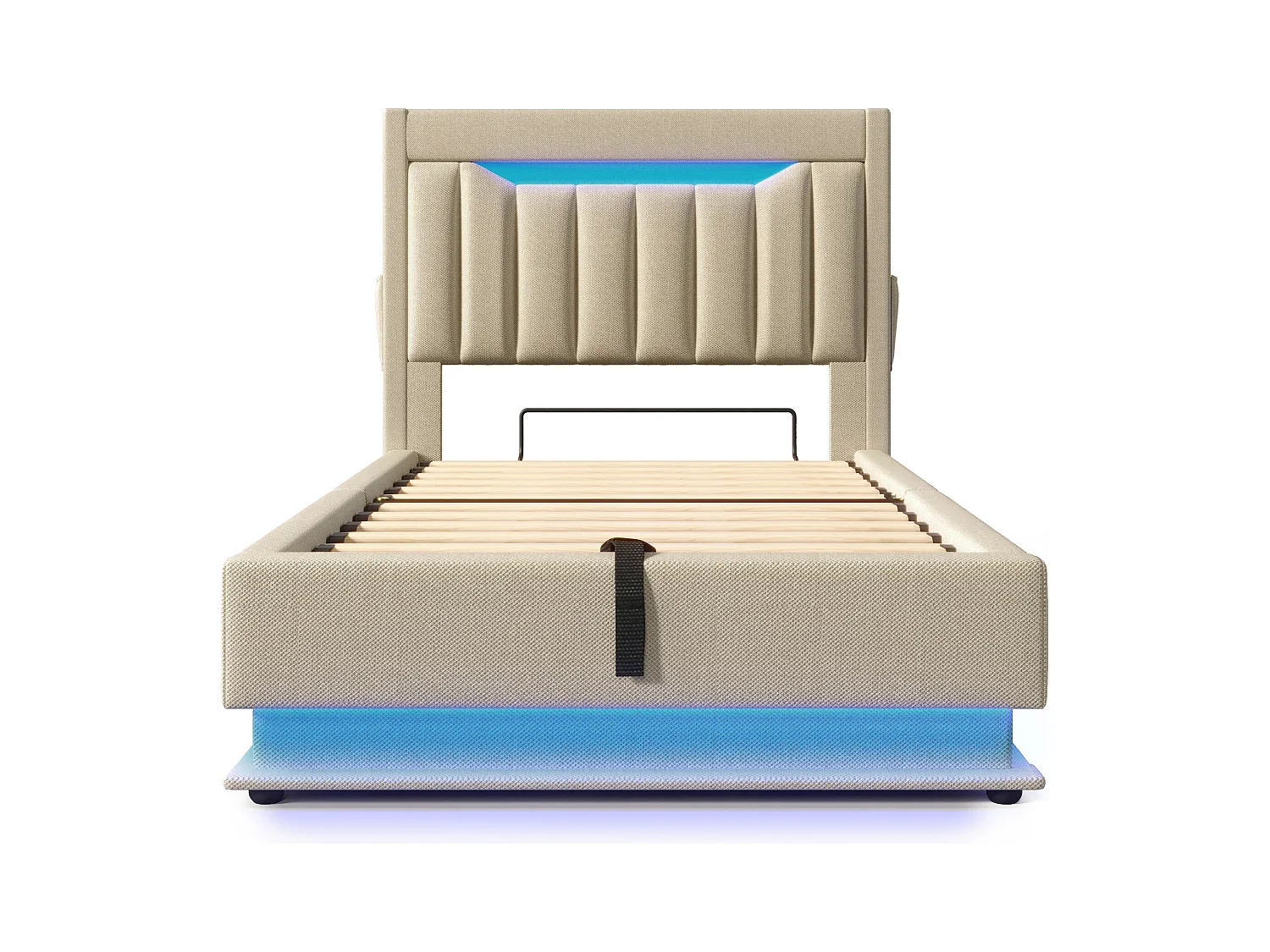 Gepolstertes Stauraumbett 90x200 cm - mit LED - mit USB- und Type-C-Anschlüssen - Leinenstoff - Kopfteil mit Stauraum - Beige