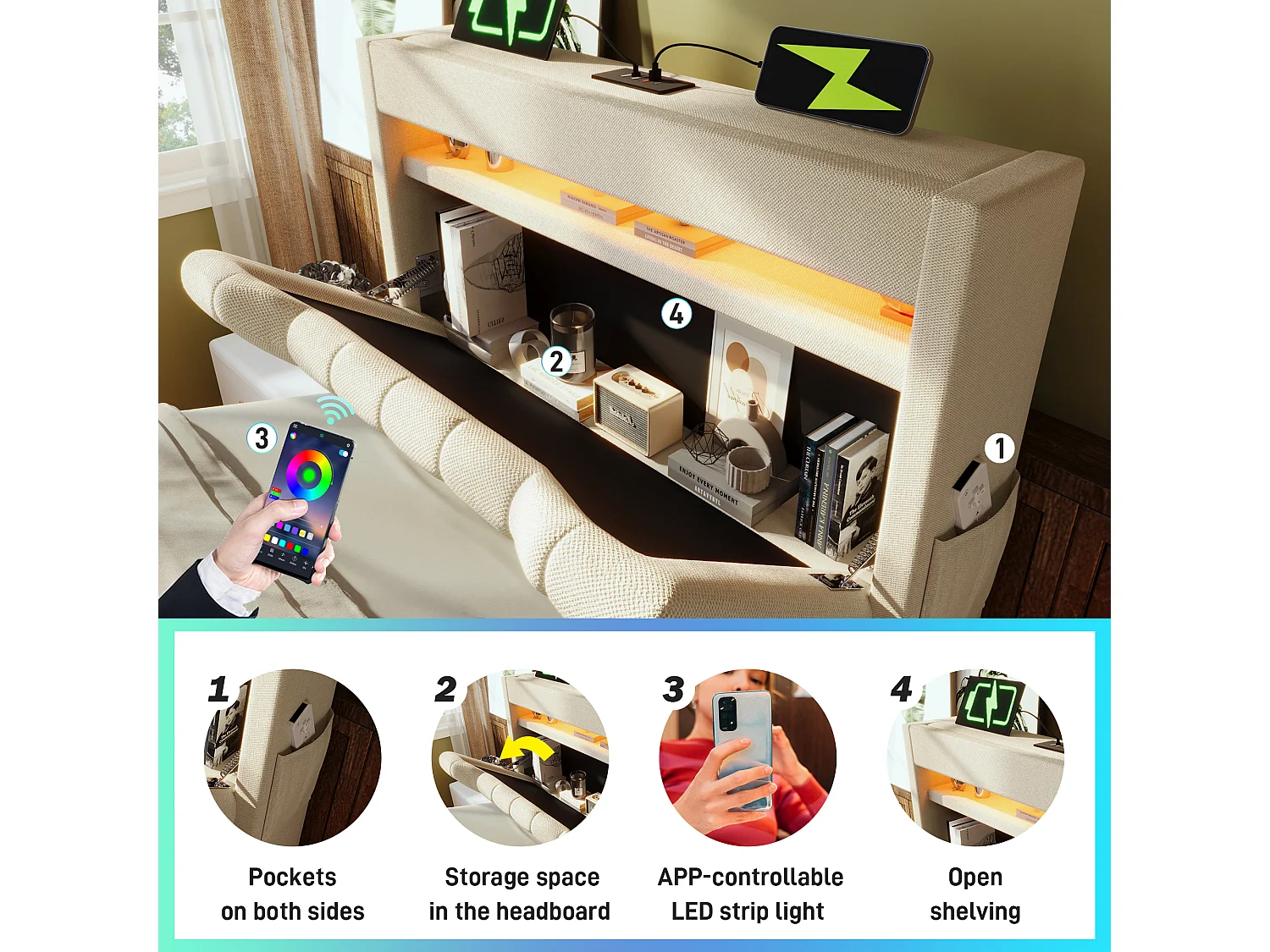 Lit coffre capitonné 90x200cm - avec LED - avec ports USB et Type-C - tissu en Lin - tête de lit avec espace de rangement - Beige