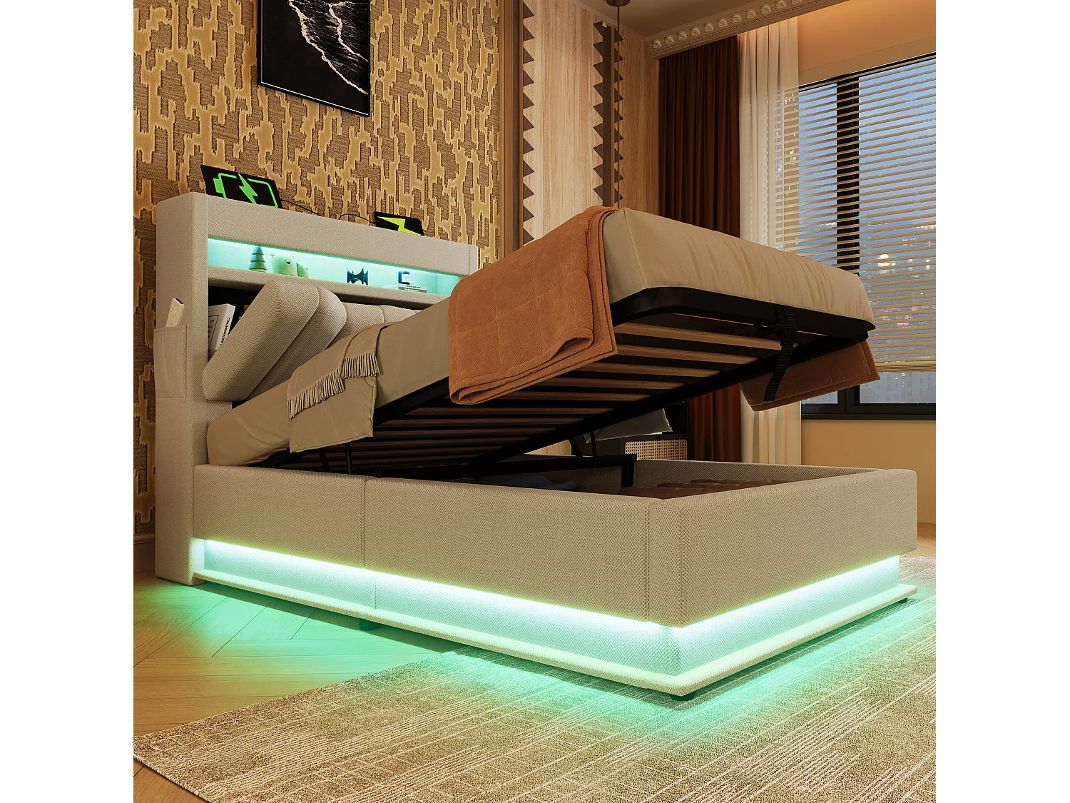 Lit coffre capitonné 90x200cm - avec LED - avec ports USB et Type-C - tissu en Lin - tête de lit avec espace de rangement - Beige