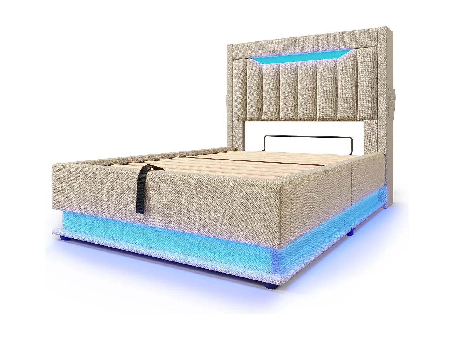 Lit coffre capitonné 90x200cm - avec LED - avec ports USB et Type-C - tissu en Lin - tête de lit avec espace de rangement - Beige