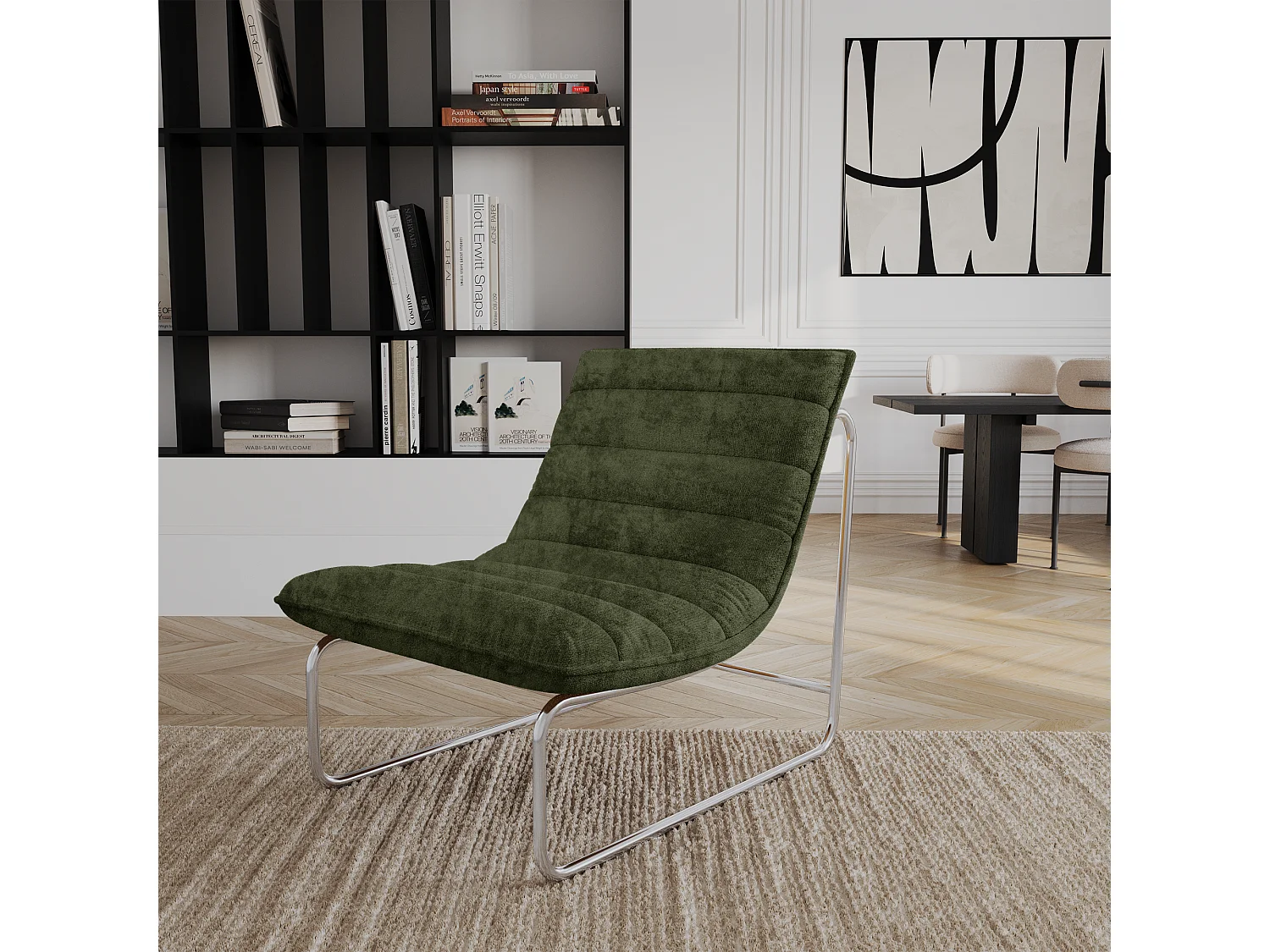 Fauteuil de salon velours texturé kaki VINTY