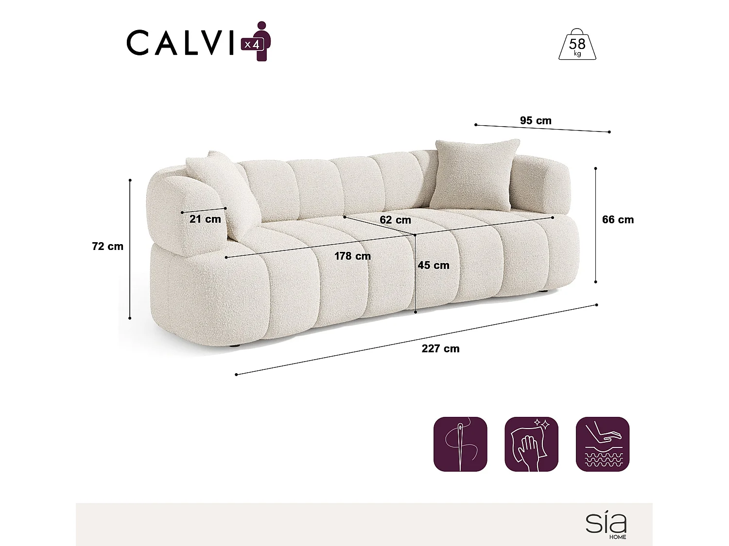 Canapé 4 places tissu bouclette kaki CALVI