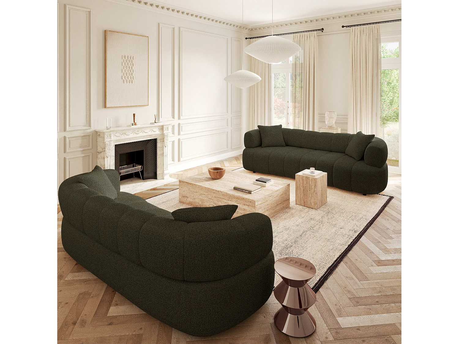 Canapé 4 places tissu bouclette kaki CALVI