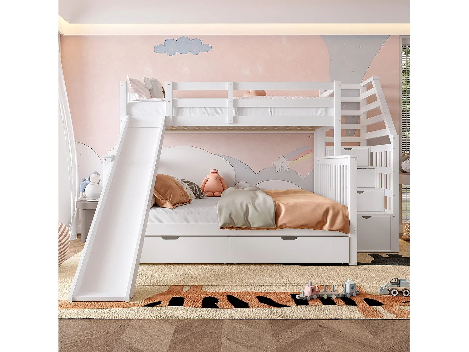 Łóżko piętrowe z litego drewna - 90x200cm + 140x200cm - ze schodkami do przechowywania i zjeżdżalnią - białe