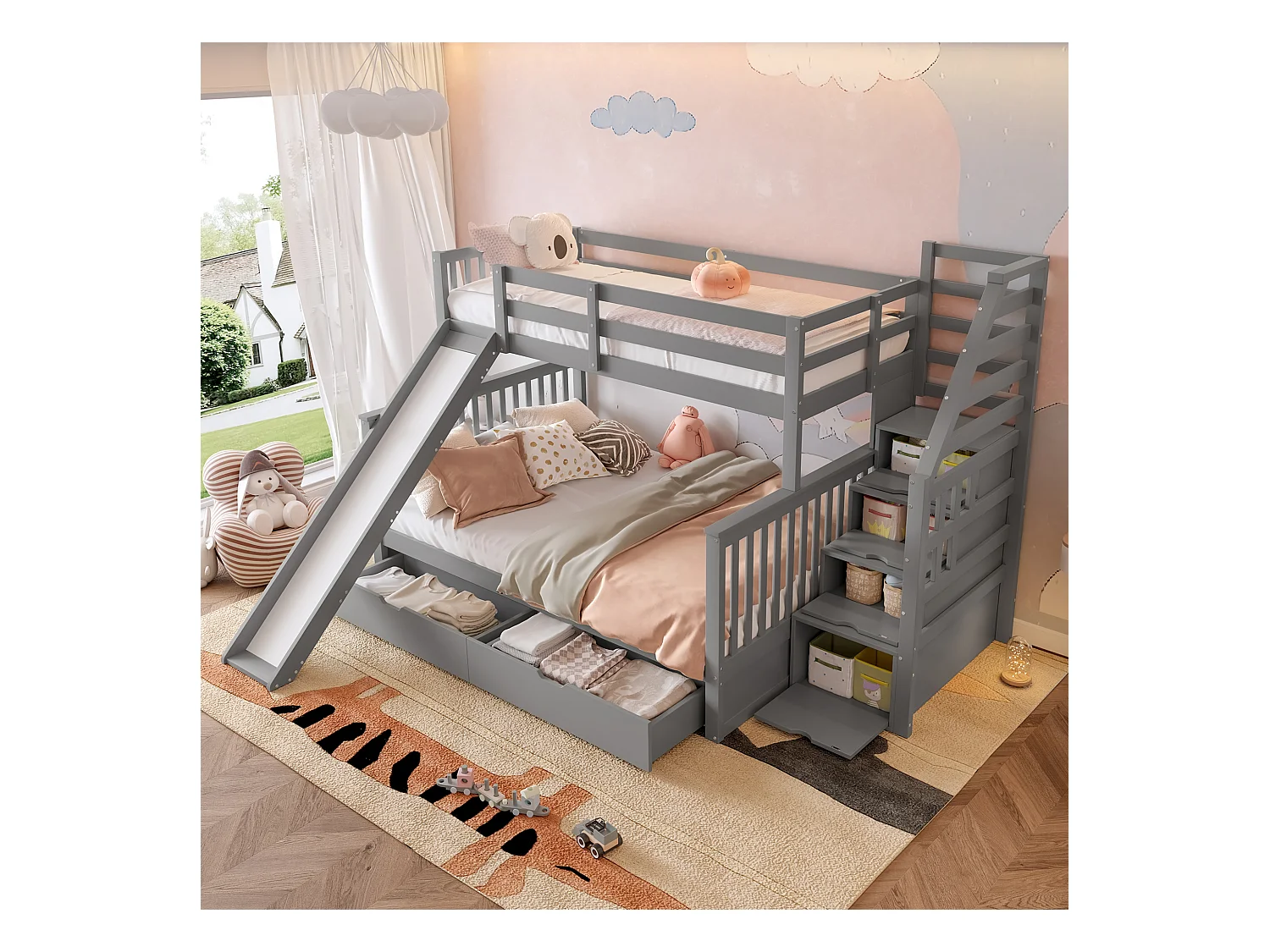 Beliche em madeira maciça - 90x200cm + 140x200cm - com escada de arrumação e escorrega - Cinza