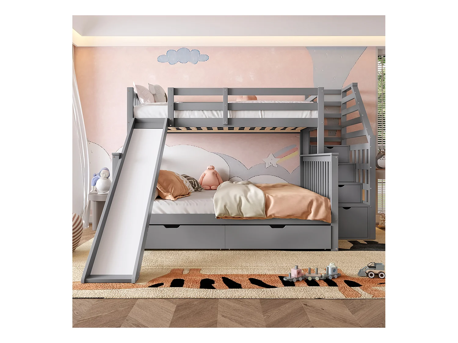 Beliche em madeira maciça - 90x200cm + 140x200cm - com escada de arrumação e escorrega - Cinza