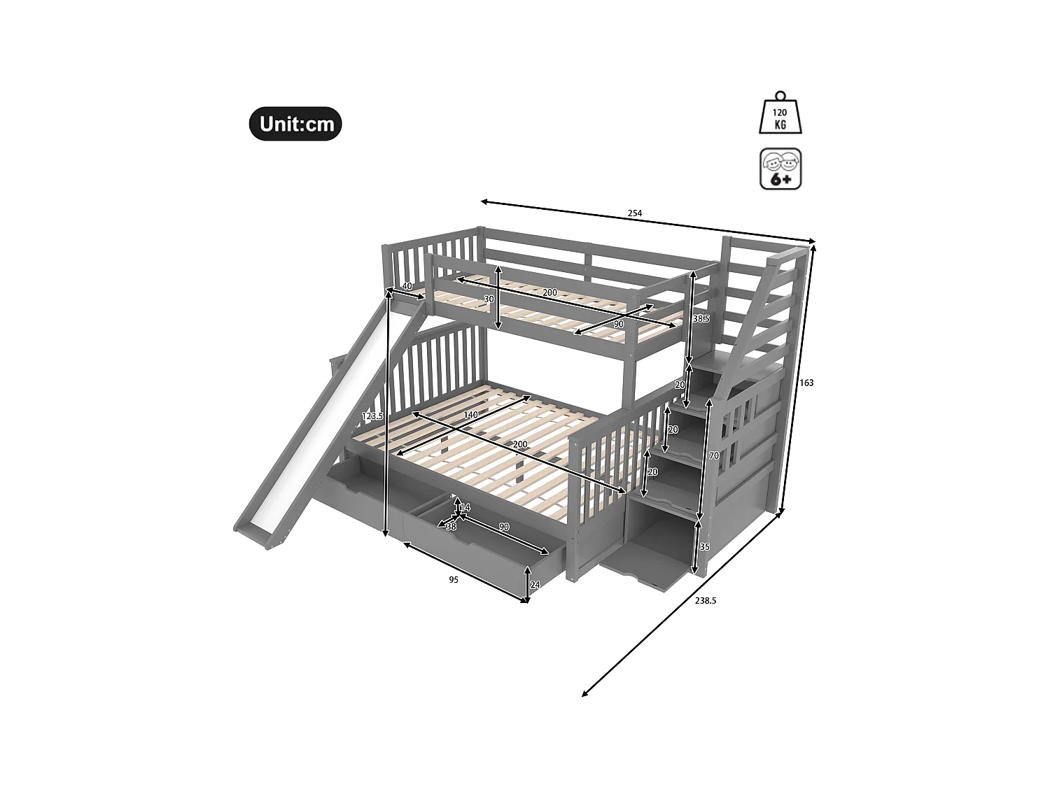 Beliche em madeira maciça - 90x200cm + 140x200cm - com escada de arrumação e escorrega - Cinza