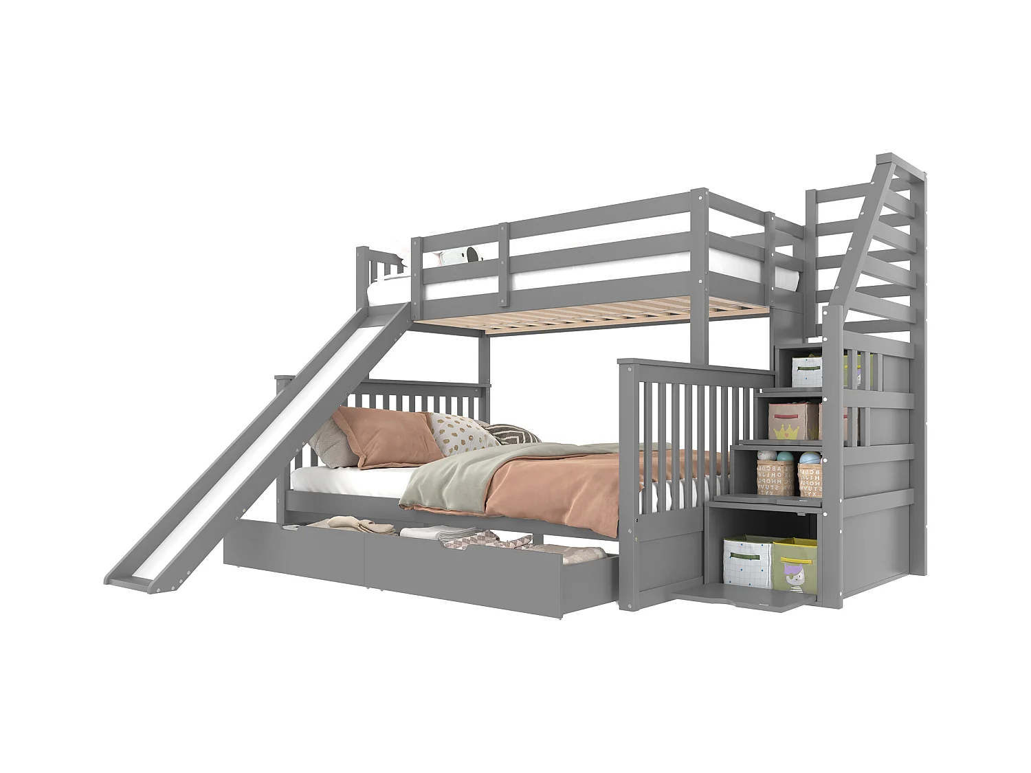 Beliche em madeira maciça - 90x200cm + 140x200cm - com escada de arrumação e escorrega - Cinza