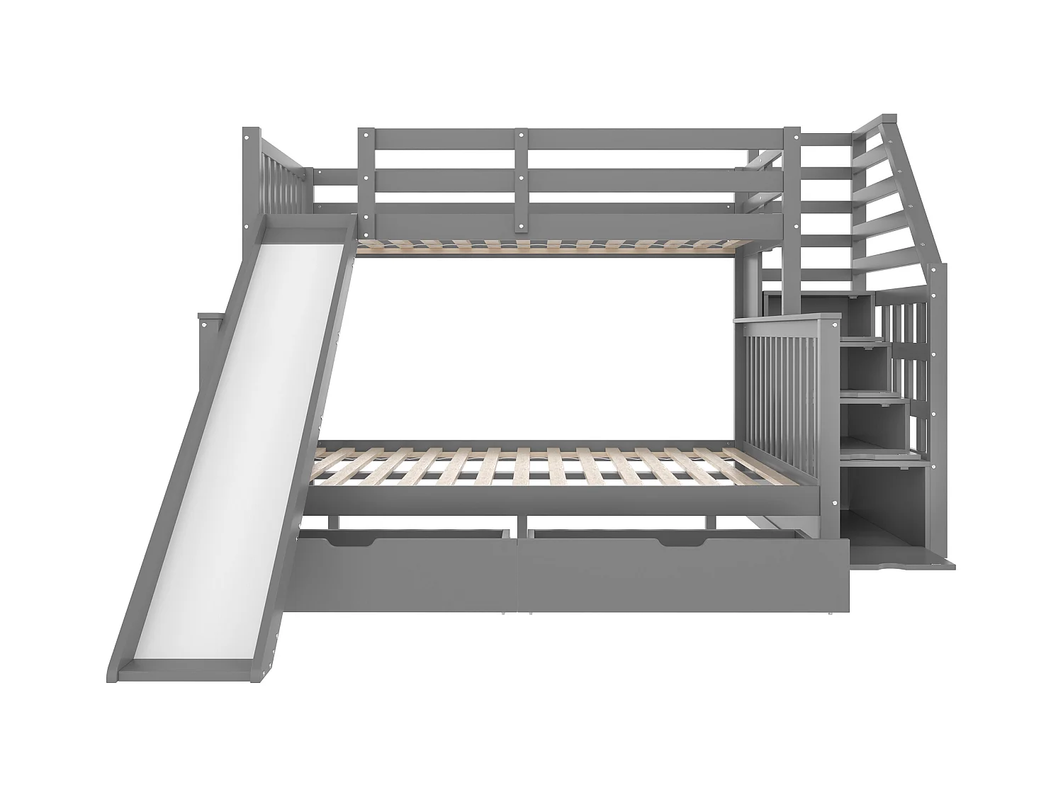 Beliche em madeira maciça - 90x200cm + 140x200cm - com escada de arrumação e escorrega - Cinza