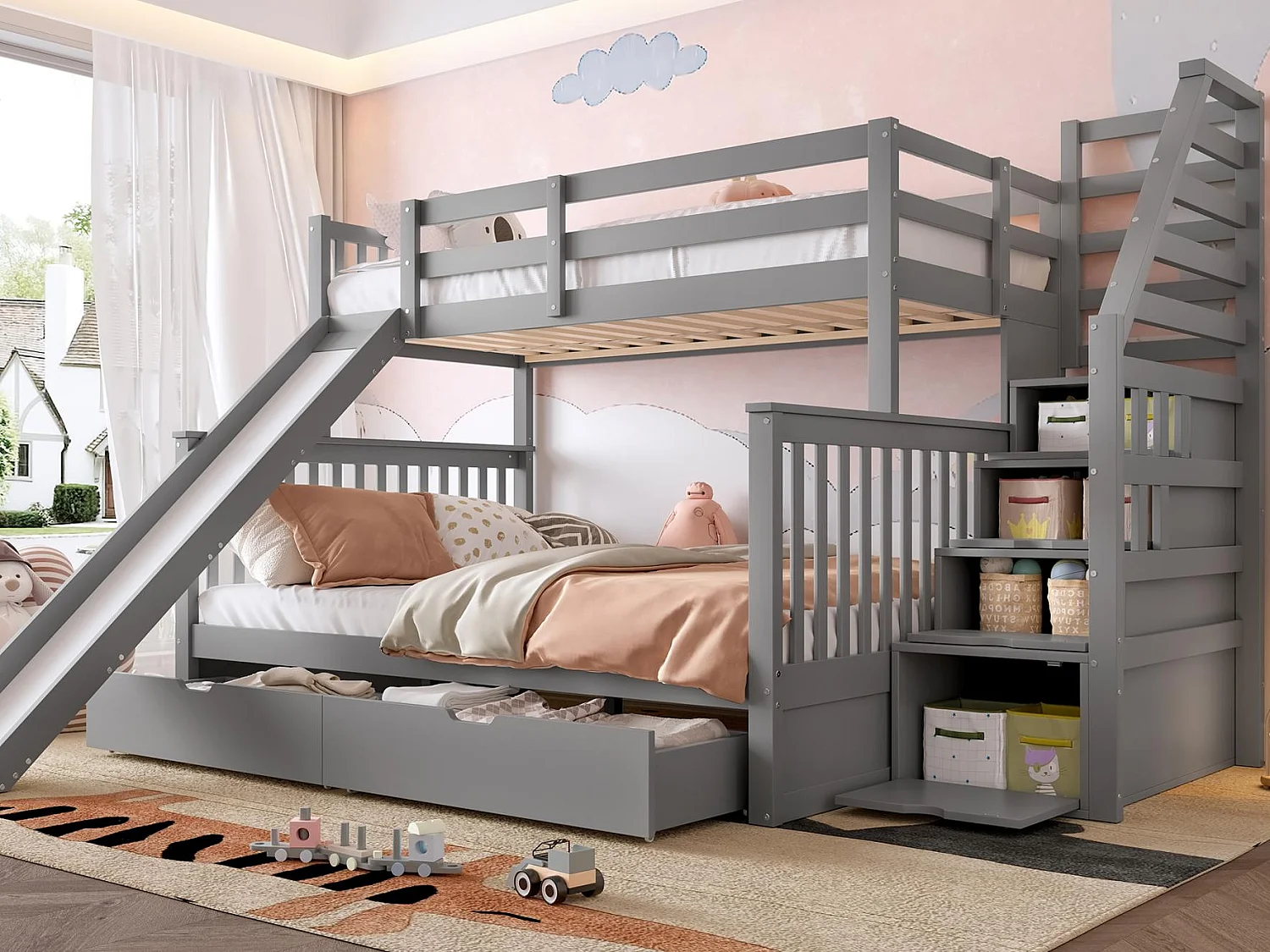 Lit superposé en bois massif - 90x200cm + 140x200cm - avec escalier de rangement et toboggan - Gris