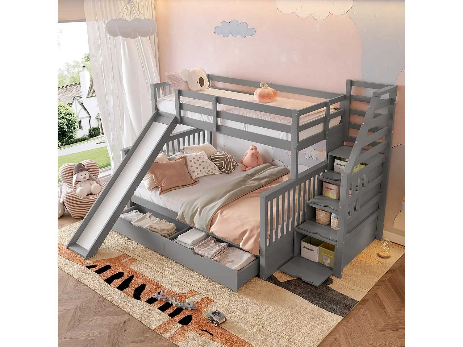 Lit superposé en bois massif - 90x200cm + 140x200cm - avec escalier de rangement et toboggan - Gris