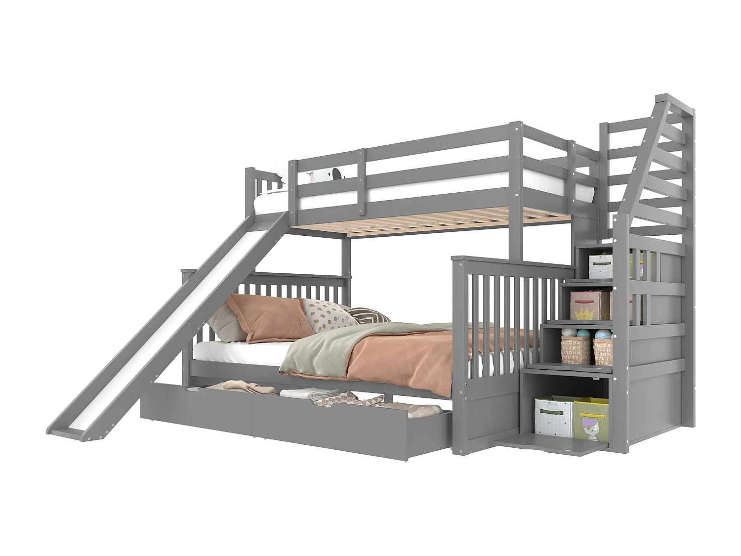 Lit superposé en bois massif - 90x200cm + 140x200cm - avec escalier de rangement et toboggan - Gris