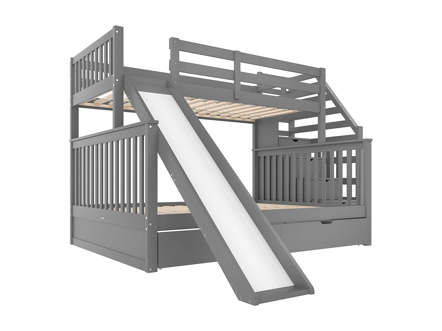 Lit superposé en bois massif - 90x200cm + 140x200cm - avec escalier de rangement et toboggan - Gris