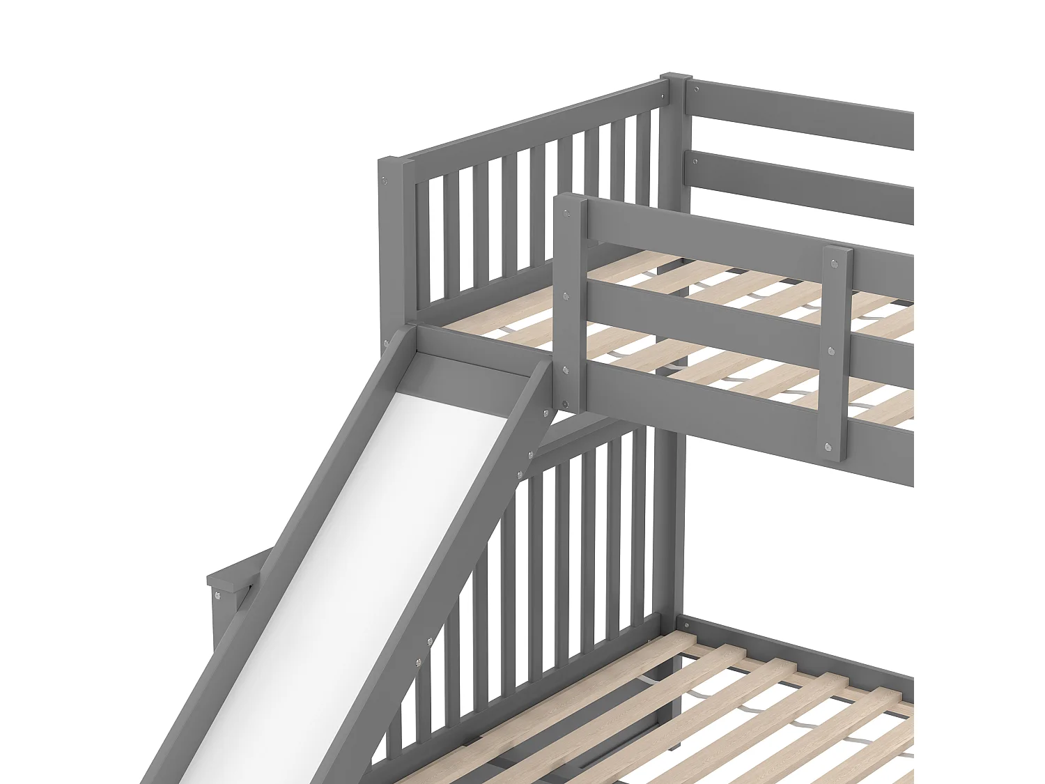Lit superposé en bois massif - 90x200cm + 140x200cm - avec escalier de rangement et toboggan - Gris