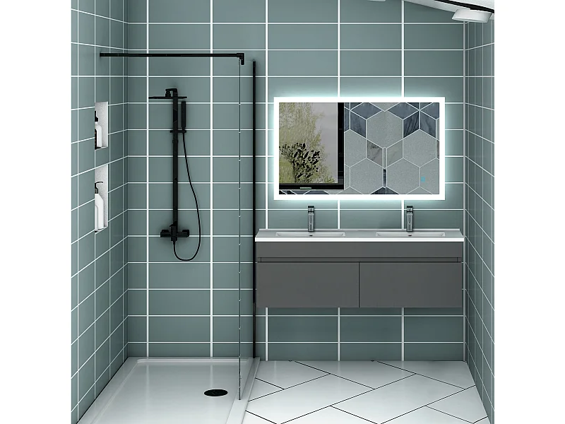 AICA Ensemble meuble Salle de Bain + double vasque L.120cm Anthracite 2 portes + Miroir LED 100 x 60 cm