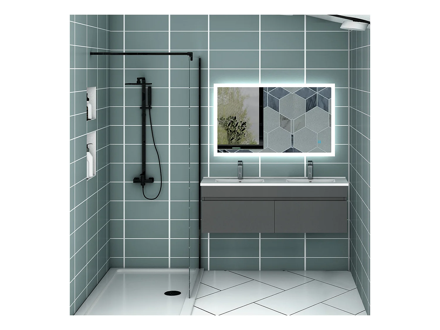 AICA Ensemble meuble Salle de Bain + double vasque L.120cm Anthracite 2 portes + Miroir LED 100 x 60 cm