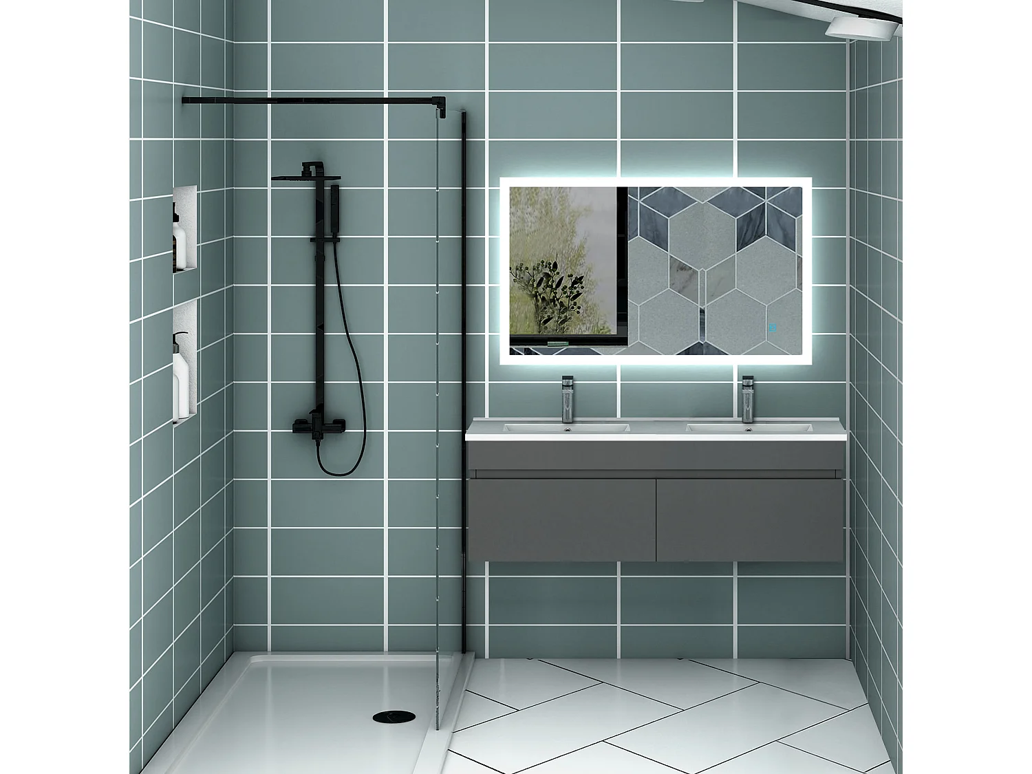 AICA Ensemble meuble Salle de Bain + double vasque L.120cm Anthracite 2 portes + Miroir LED 100 x 60 cm
