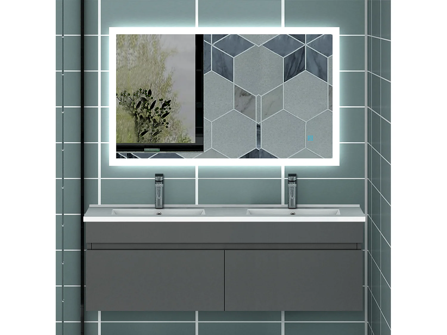 AICA Ensemble meuble Salle de Bain + double vasque L.120cm Anthracite 2 portes + Miroir LED 100 x 60 cm