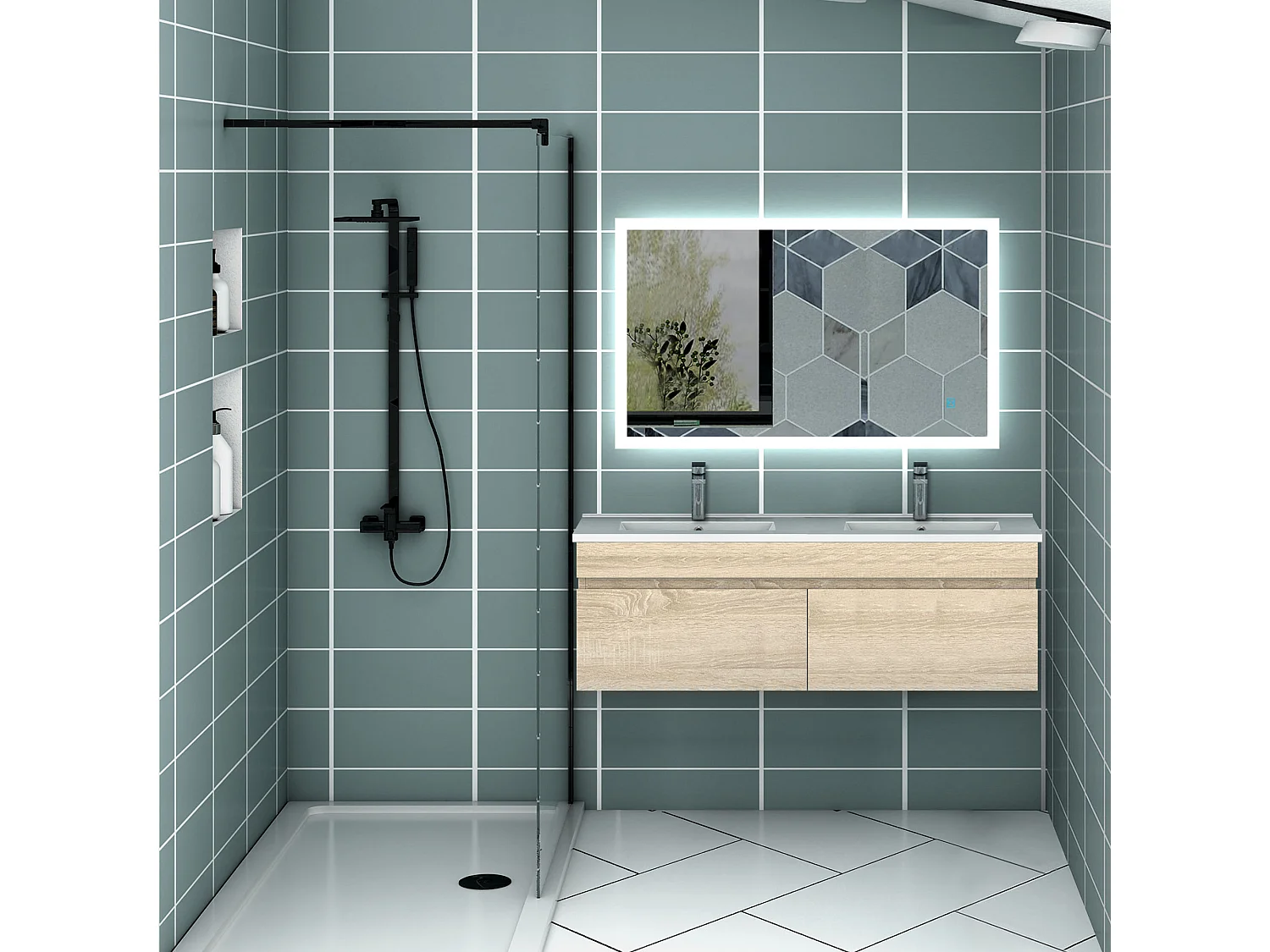 AICA Ensemble meuble Salle de Bain + double vasque L.120cm Chêne 2 portes + Miroir LED 100 x 60 cm