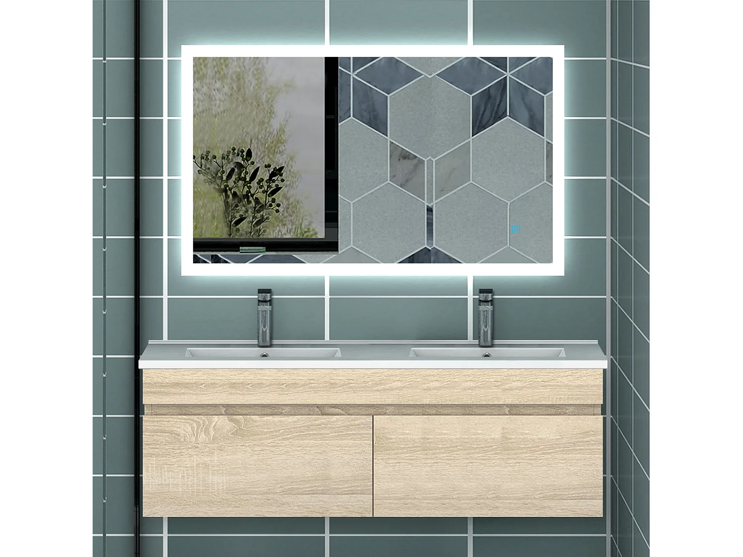 AICA Ensemble meuble Salle de Bain + double vasque L.120cm Chêne 2 portes + Miroir LED 100 x 60 cm