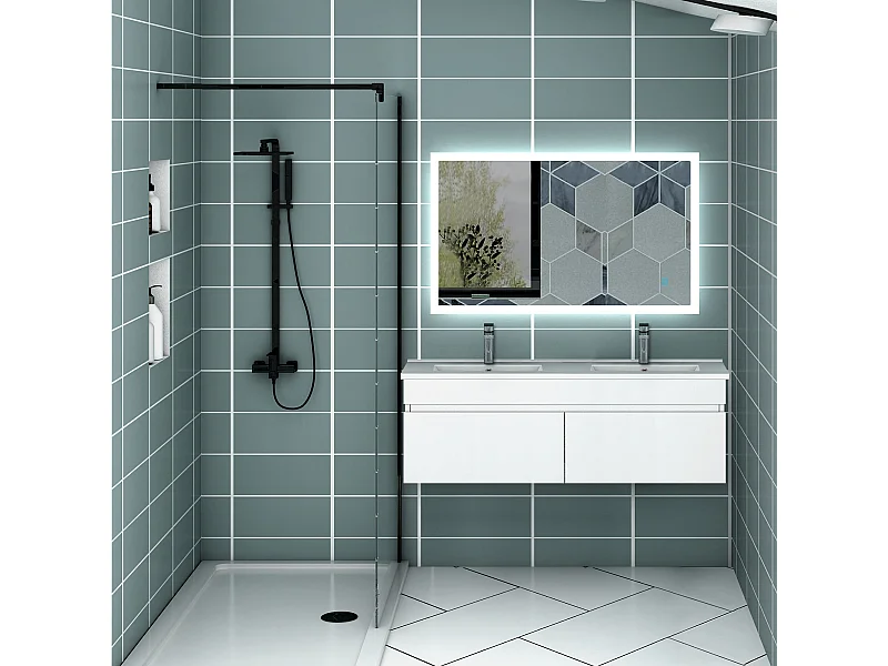 AICA Ensemble meuble Salle de Bain + double vasque L.120cm Blanc 2 portes + Miroir LED 100 x 60 cm