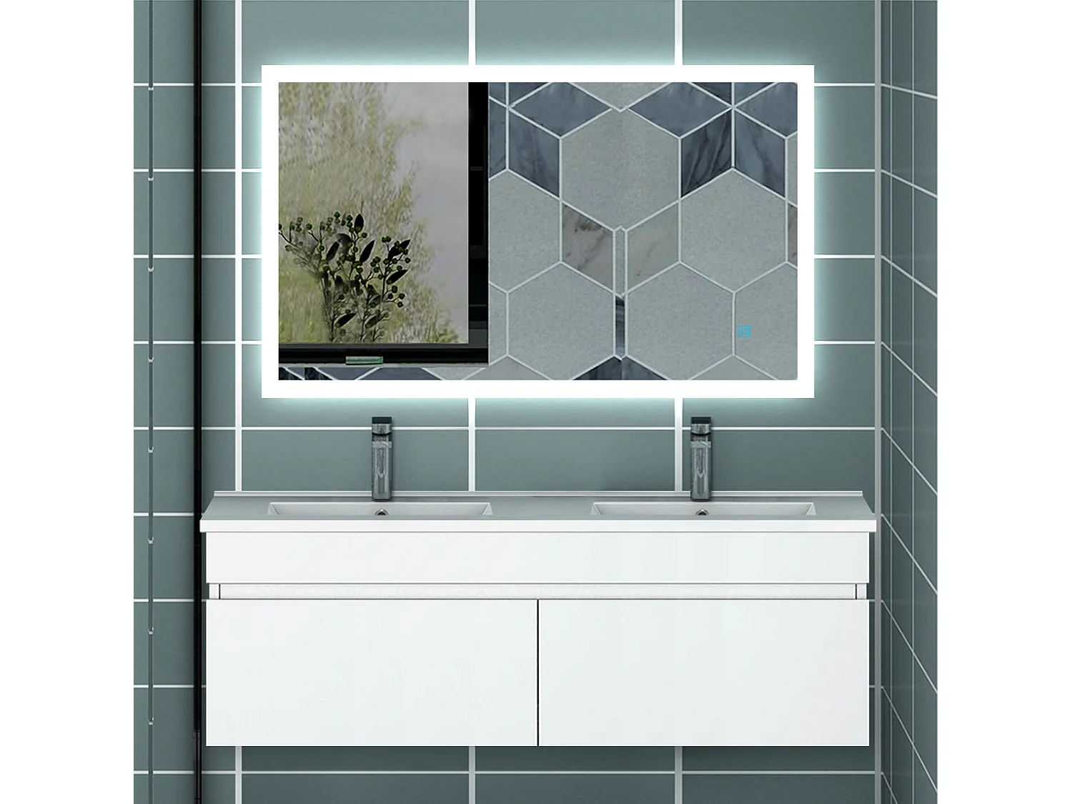 AICA Ensemble meuble Salle de Bain + double vasque L.120cm Blanc 2 portes + Miroir LED 100 x 60 cm