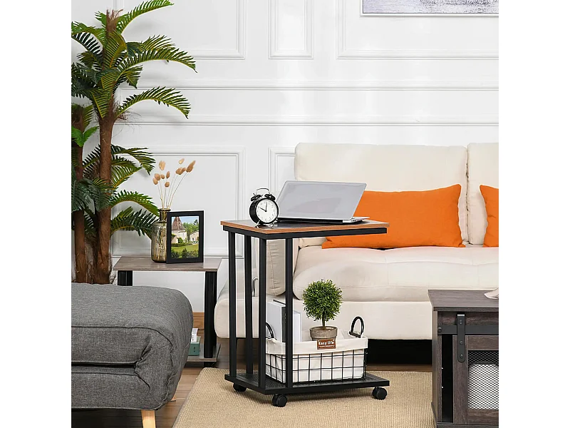 Table d'appoint, Bout de canapé, Table de lit mobile roulante ，avec cadre en acier Coloris boisé