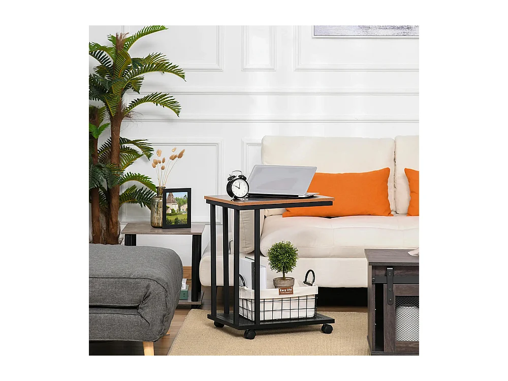 Table d'appoint, Bout de canapé, Table de lit mobile roulante ，avec cadre en acier Coloris boisé