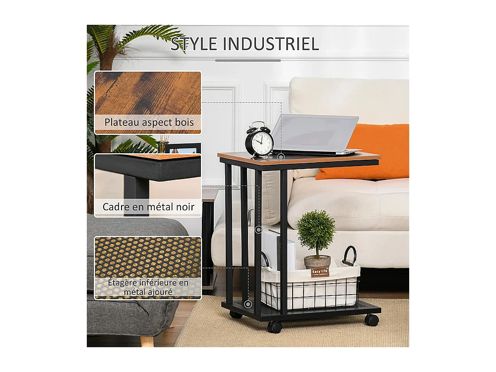 Table d'appoint, Bout de canapé, Table de lit mobile roulante ，avec cadre en acier Coloris boisé