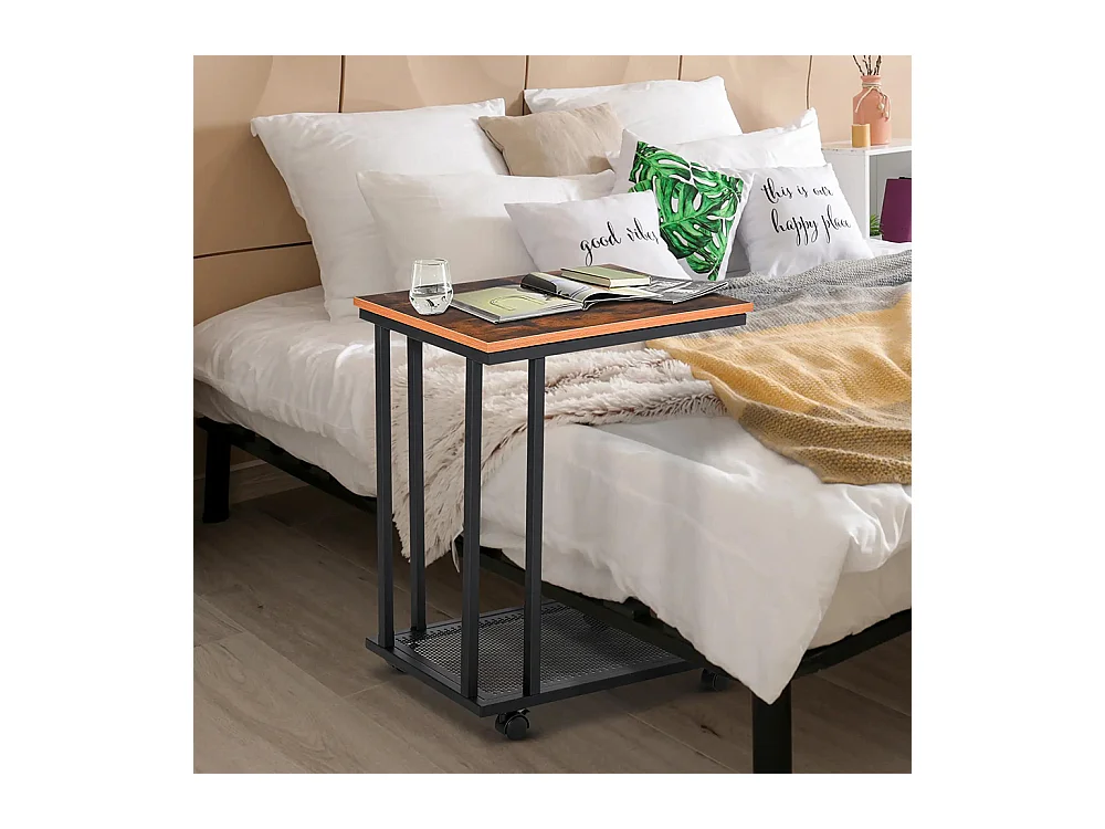 Table d'appoint, Bout de canapé, Table de lit mobile roulante ，avec cadre en acier Coloris boisé