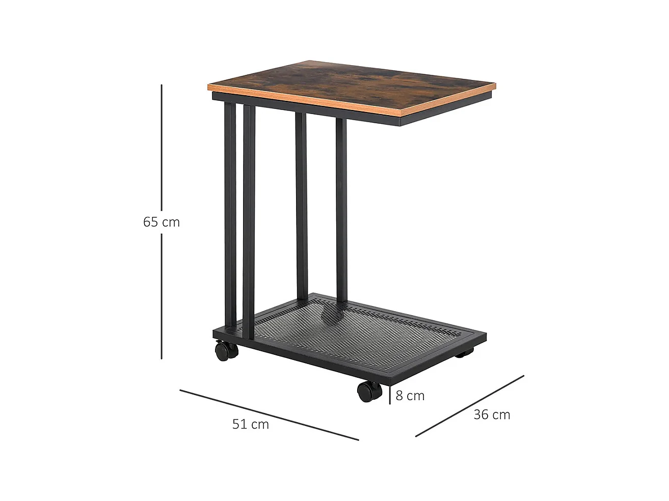 Table d'appoint, Bout de canapé, Table de lit mobile roulante ，avec cadre en acier Coloris boisé