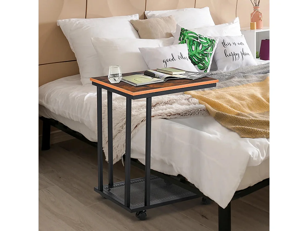 Table d'appoint, Bout de canapé, Table de lit mobile roulante ，avec cadre en acier Coloris boisé