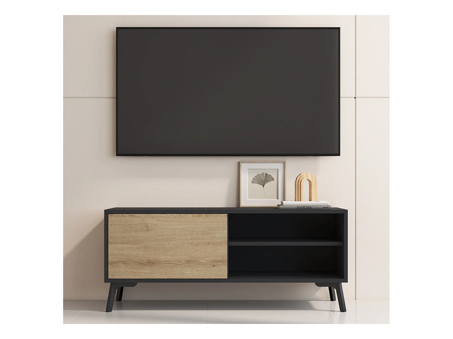 Meuble TV pour Salon Salle à manger en Noir et Sonoma 100x29,5x42,5cm Kai