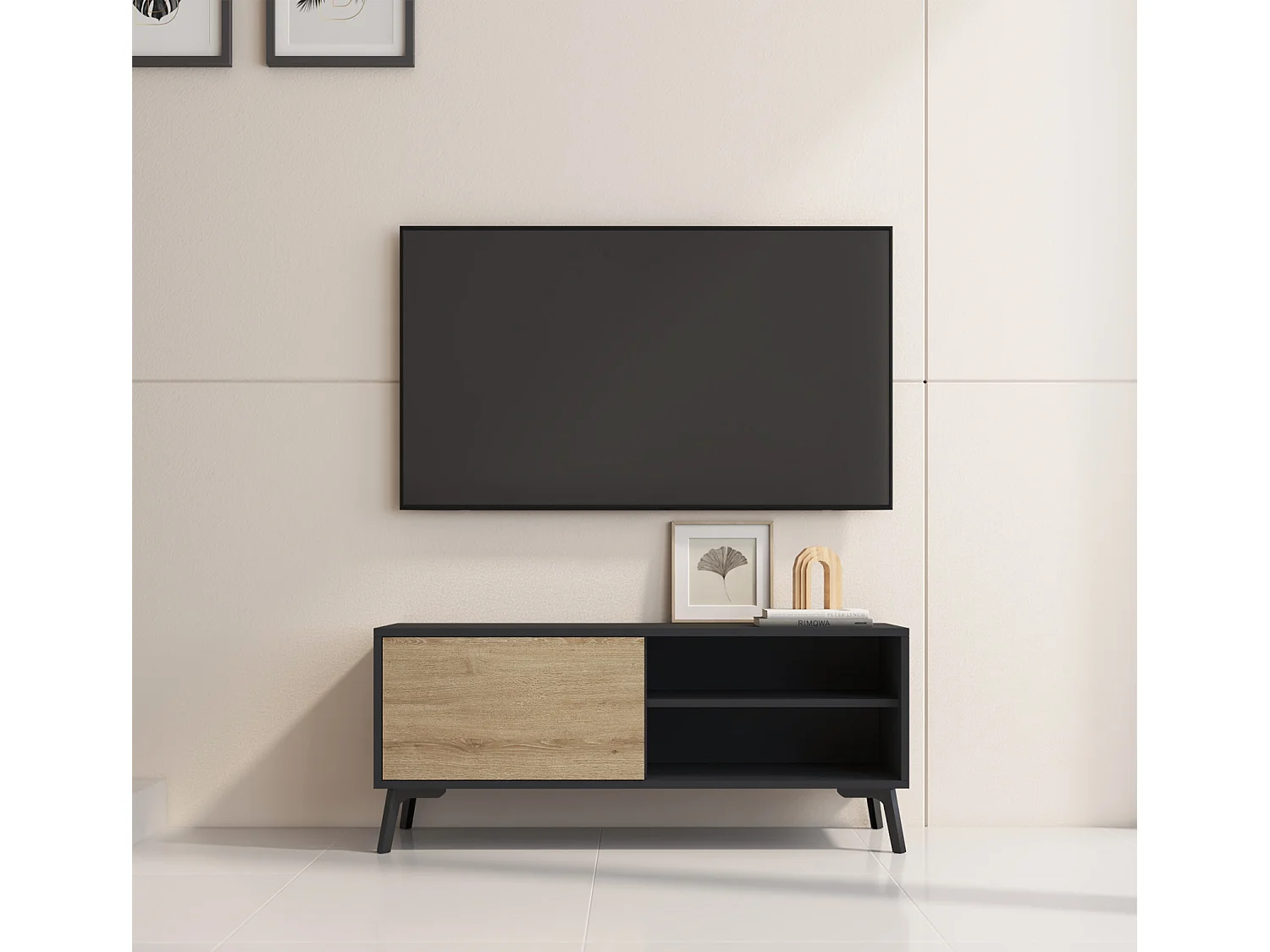 Meuble TV pour Salon Salle à manger en Noir et Sonoma 100x29,5x42,5cm Kai