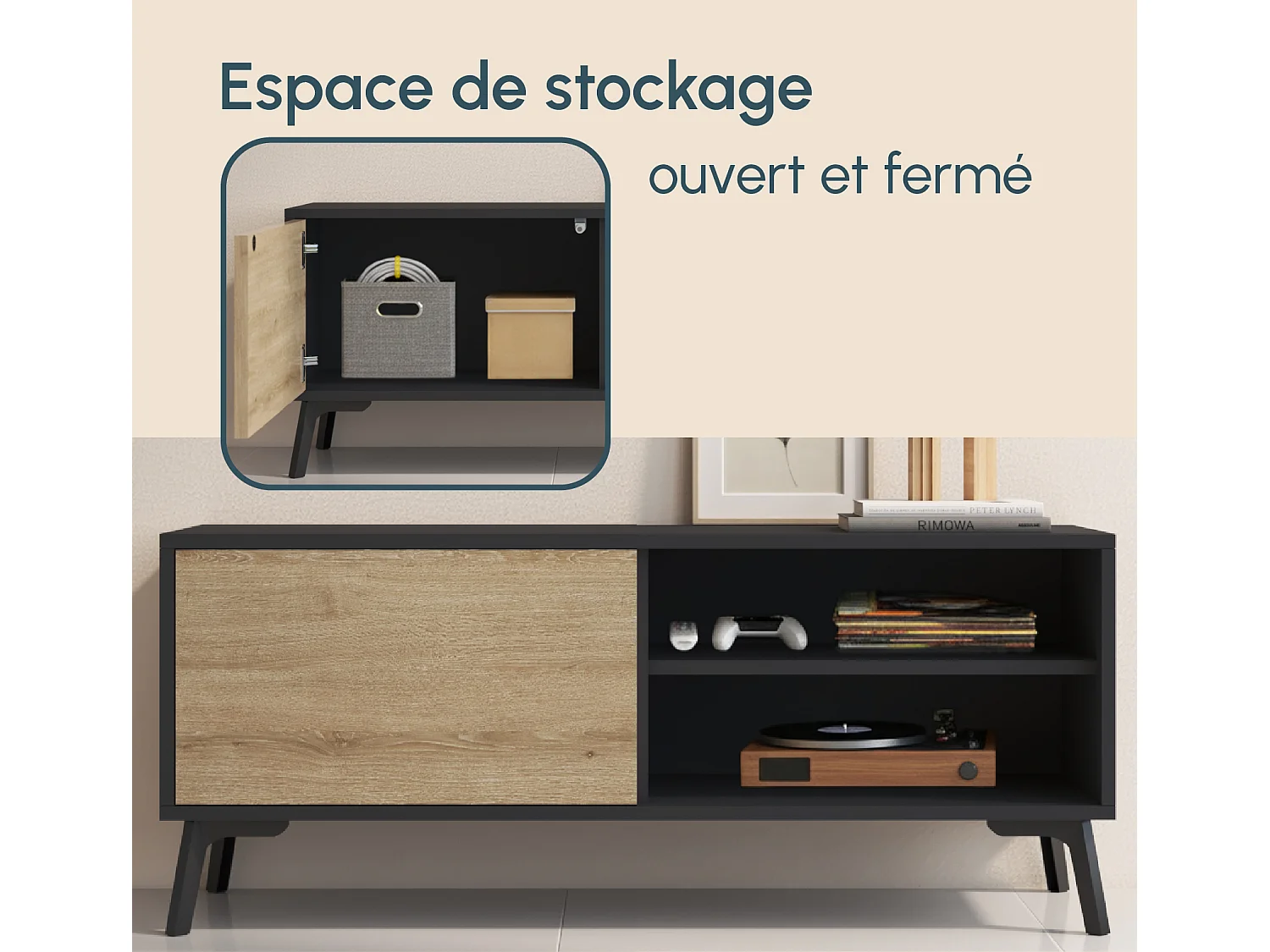 Meuble TV pour Salon Salle à manger en Noir et Sonoma 100x29,5x42,5cm Kai