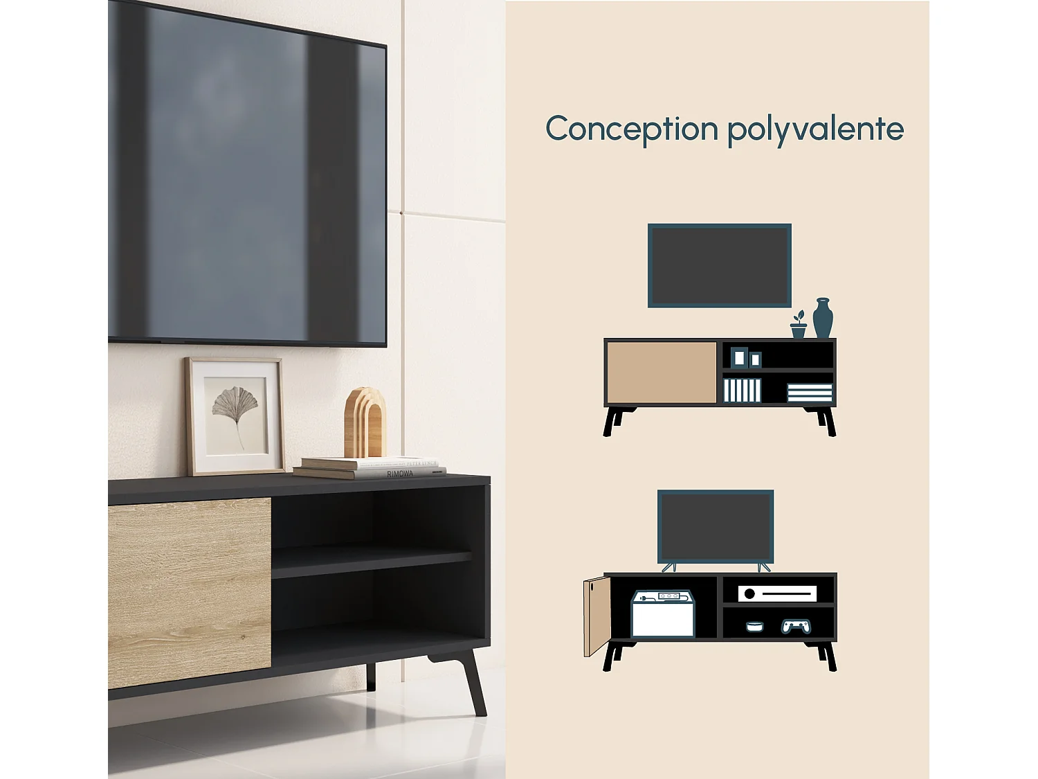 Meuble TV pour Salon Salle à manger en Noir et Sonoma 100x29,5x42,5cm Kai