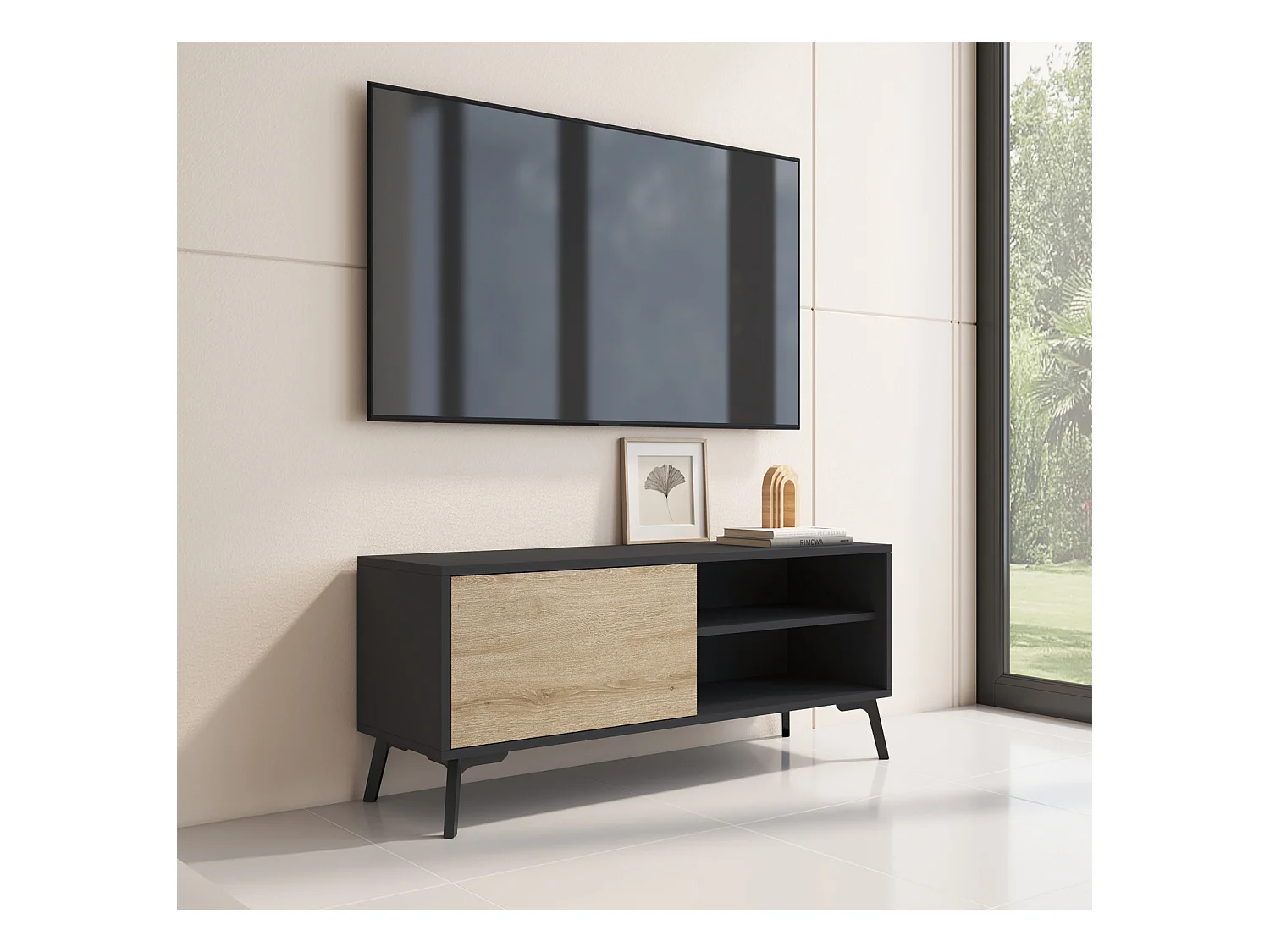 Mueble TV para Salón comedor en Negro y Sonoma 100x29,5x42,5cm Kai