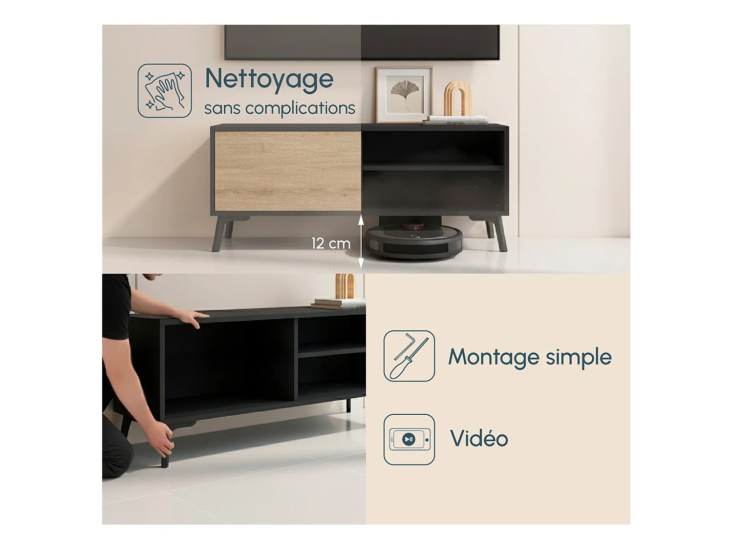 Mueble TV para Salón comedor en Negro y Sonoma 100x29,5x42,5cm Kai