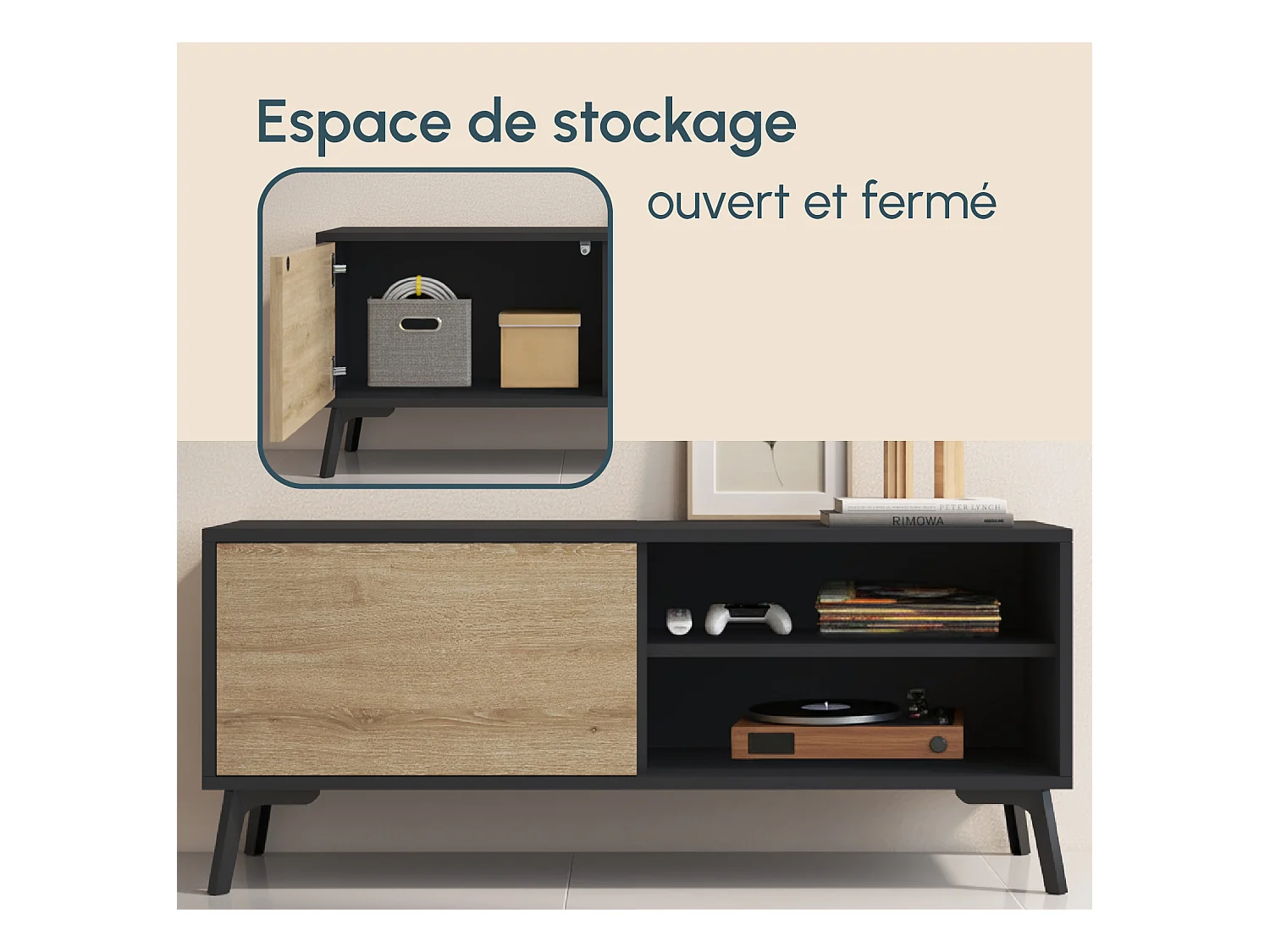 Mueble TV para Salón comedor en Negro y Sonoma 100x29,5x42,5cm Kai